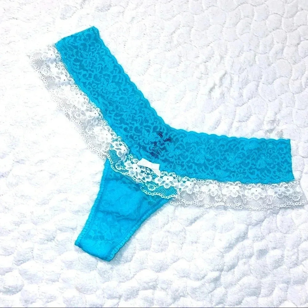 Victoria Secret Thong Blue/White Lace One Size Vintage Y2K Lacie One Size Fits